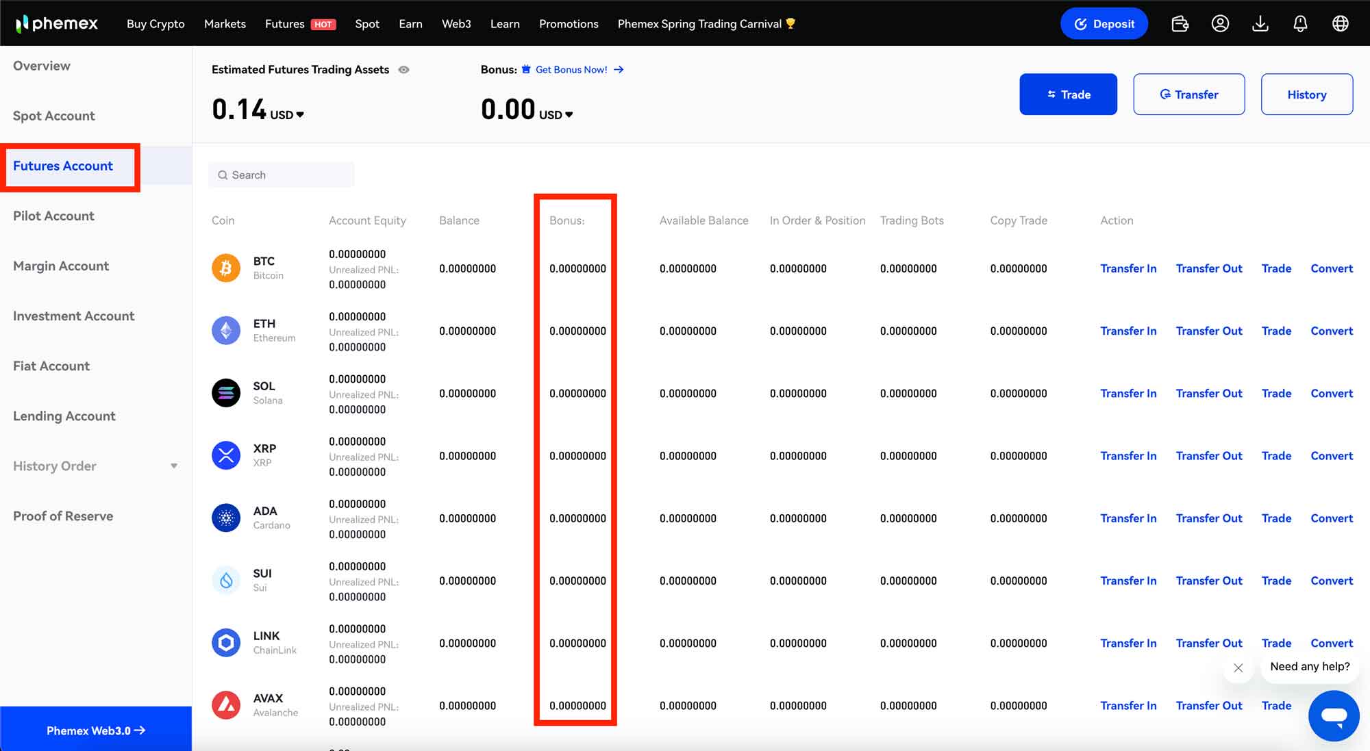 شاشة مكافأة Phemex