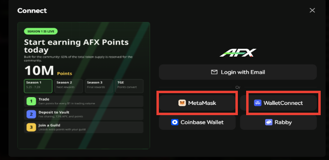 AFX DEX connect wallet